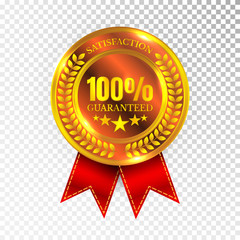 100 percent Satisfaction Guaranteed Golden Medal Label Icon Seal Sign Isolated on White Background. Vector