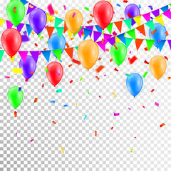 Party Background with balloons and Flags Vector, Colored confetti and festoons on transparent background