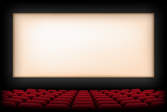 Cinema auditorium with screen and red seats. Vector