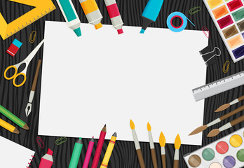 Colored flat design vector illustration of art supplies and art instruments