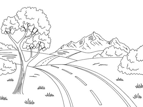 Mountain road graphic black white landscape sketch illustration vector