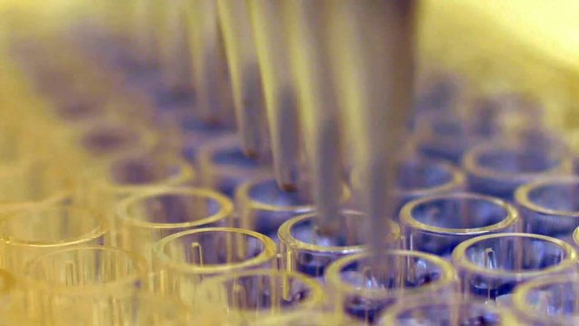 Close-up footage of test tubes being filled with liquid in laboratory