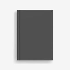 Rectangular vector blank black realistic book mockup, closed organizer or notebook cover template with sheet of A4. Front view of elegant notepad or photobook with binding mock up for catalog, menu