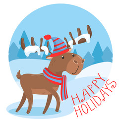 Happy Holidays greeting card with cute deer in knitted hat and scarf deer colorful banner or poster template vector Illustration, cartoon style