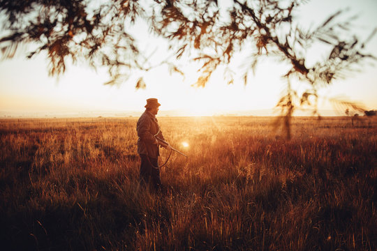 Hunter aims on a field with his rifle and cartridge