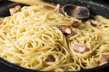 Close up of cooking Italian pasta Carbonara