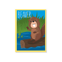 Cute beaver vector illustration with woodland animal, design element for banner, flyer, placard, greeting card, cartoon style