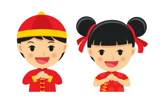 Happy chinese new year boy and girl in traditional clothes celebrate. Set  of character cartoon isolated on white background. Stock Vector | Adobe  Stock