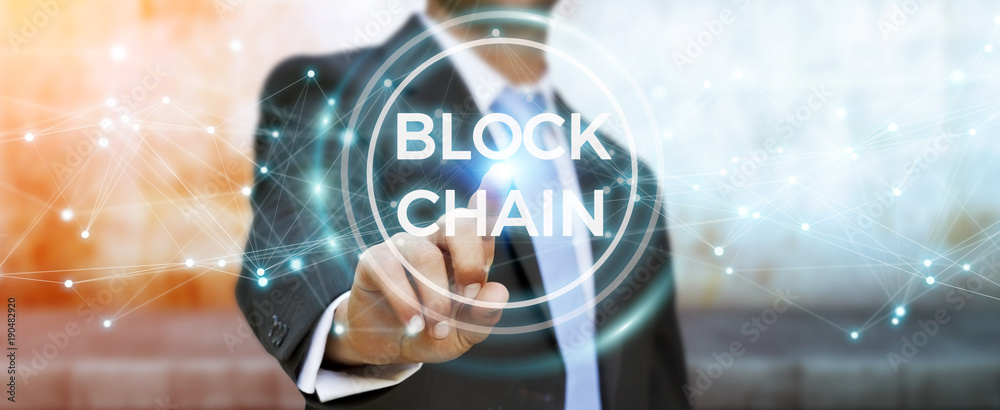 Poster Businessman using blockchain cryptocurrency interface 3D rendering