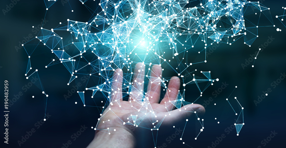 Poster businessman holding flying network connection 3d rendering