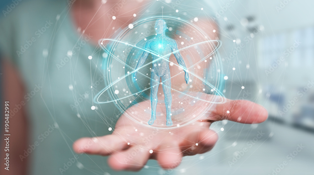 Poster businesswoman using digital x-ray human body scan interface 3d rendering