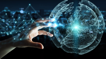 Businesswoman using planet earth network sphere 3D rendering