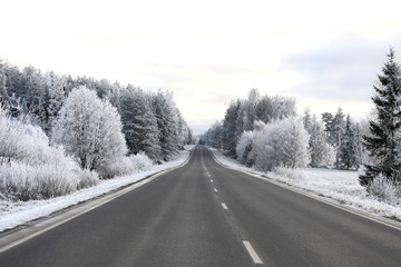 Fototapeta na wymiar Empty Winter Highway with Hoarfrost