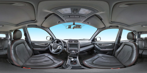 360 angle panorama view in interior salon of prestige modern car. Full 360 by 180 degrees seamless equirectangular equidistant spherical panorama. vr ar content