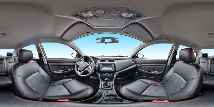 360 angle panorama view in interior salon of prestige modern car. Full 360 by 180 degrees seamless equirectangular equidistant spherical panorama. vr ar content