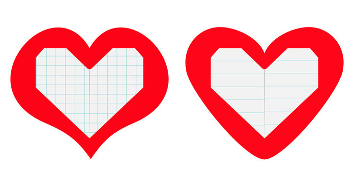 Notebook squared lined paper inside red heart icon set. Origami handmade craft fold. Line texture. Happy Valentines day. Cute graphic shape. Flat design. Love greeting card. White background.