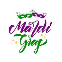 Obraz premium Vector illustration: Handwritten elegant brush lettering of Mardi Gras with stars and masks on white background.