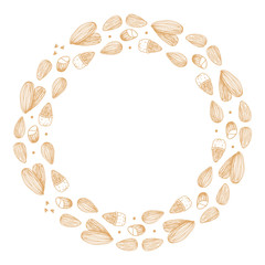 Doodle, hand drawn round frame with almond nuts isolated on white background.
