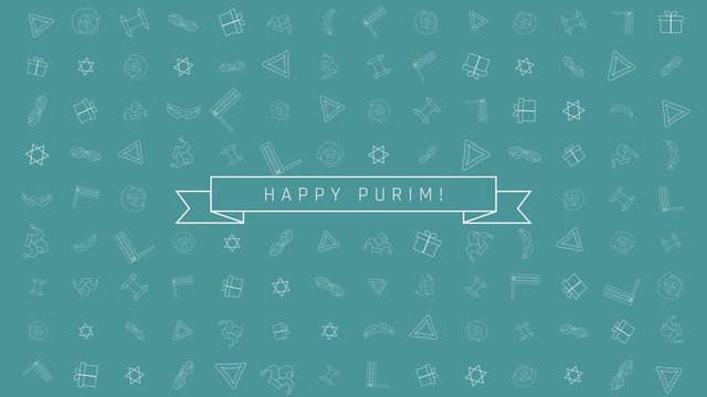 Purim holiday flat design animation background with traditional outline icon symbols and english text