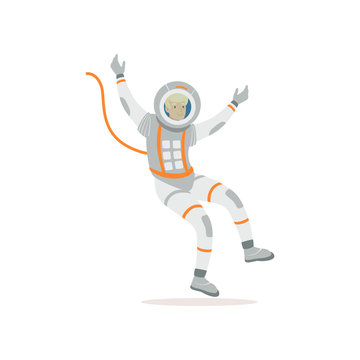 Man training before flight in cosmos. Cartoon cosmonaut character wearing spacesuit. Young astronaut flying in open space. Colorful flat vector design