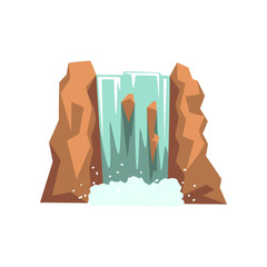 Cartoon river waterfall. Fresh natural spring water. Design element for travel brochure, children s book or mobile game. Isolated vector illustration