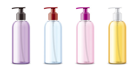 Plastic Cosmetic Spray Mockup. Transparent Bottle. Colored caps.