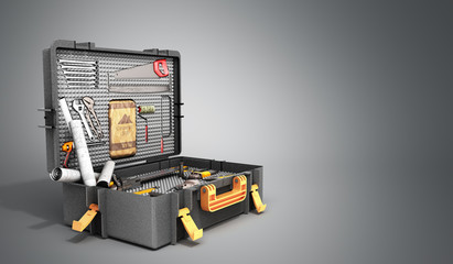 A set of tools in the case 3d render on grey background