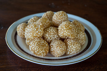 Delicious onde-onde pastry snack in Indonesia on plate.