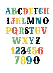 Western style font in white color on black background. Retro decorative lettering alphabet. 