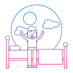 young girl sitting in bed stretching waking up vector illustration