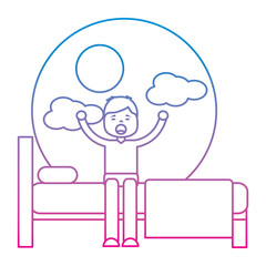 young man waking up sitting on bed vector illustration