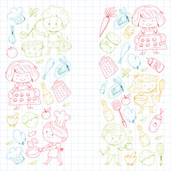 Chilren menu, kids cafe, restaurant. Kindergarten and preschool, school boys and girls. Healthy food and drink. Bakery, fruits, vegetables. Cooking class.