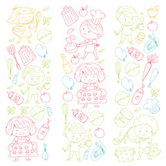 Chilren menu, kids cafe, restaurant. Kindergarten and preschool, school boys and girls. Healthy food and drink. Bakery, fruits, vegetables. Cooking class.