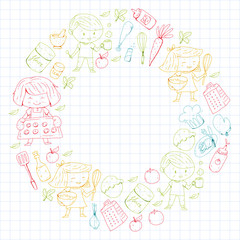 Fototapeta premium Chilren menu, kids cafe, restaurant. Kindergarten and preschool, school boys and girls. Healthy food and drink. Bakery, fruits, vegetables. Cooking class.