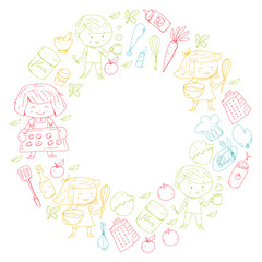 Chilren menu, kids cafe, restaurant. Kindergarten and preschool, school boys and girls. Healthy food and drink. Bakery, fruits, vegetables. Cooking class.