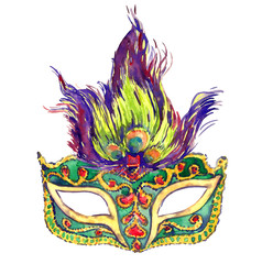 Green carnival mask with golden decoration, red gemstones and peacock feathers on top, isolated hand painted watercolor illustration