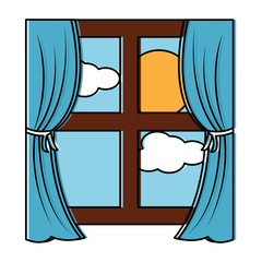 wooden window frame with curtains and sun clouds sky vector illustration