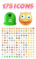 Set of 175 Realistic Cute Icons on Transparent Background . Isolated Vector Illustration 