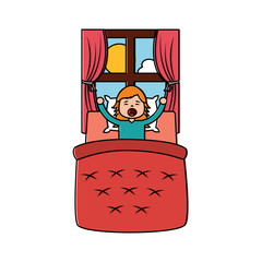 little girl waking up in bed and window landscape vector illustration