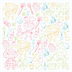 Chilren menu, kids cafe, restaurant. Kindergarten and preschool, school boys and girls. Healthy food and drink. Bakery, fruits, vegetables. Cooking class.