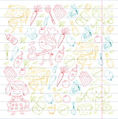 Chilren menu, kids cafe, restaurant. Kindergarten and preschool, school boys and girls. Healthy food and drink. Bakery, fruits, vegetables. Cooking class.