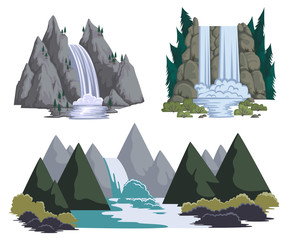 Fototapeta premium Waterfalls set. Cartoon landscapes with mountains and trees. Vector illustration