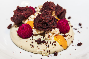 Soup pistachio, chocolate cake, raspberries, Zuppetta di pistacchi di Bronte, cake al cacao, lamponi