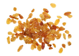 Pile of raisins isolated on white background, top view