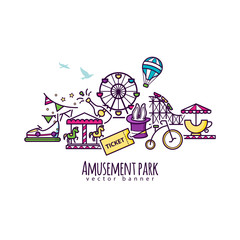 Amusement park vector illustration, attraction banner template