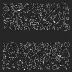 Children. School and kindergarten. Creativity and education. Music. Exploration. Science. Imagination. Play and study. Cooking. Singing. Reading. Different hobby and lessons. Vector illustration