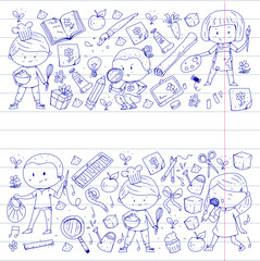Children. School and kindergarten. Creativity and education. Music. Exploration. Science. Imagination. Play and study. Cooking. Singing. Reading. Different hobby and lessons. Vector illustration