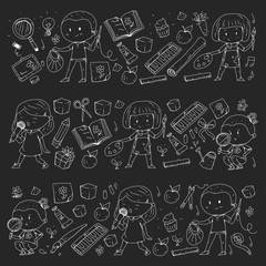 Children. School and kindergarten. Creativity and education. Music. Exploration. Science. Imagination. Play and study. Cooking. Singing. Reading. Different hobby and lessons. Vector illustration