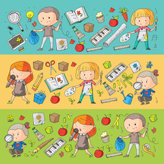 Fototapeta na wymiar Children. School and kindergarten. Creativity and education. Music. Exploration. Science. Imagination. Play and study. Cooking. Singing. Reading. Different hobby and lessons. Vector illustration