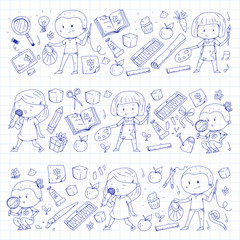 Children. School and kindergarten. Creativity and education. Music. Exploration. Science. Imagination. Play and study. Cooking. Singing. Reading. Different hobby and lessons. Vector illustration
